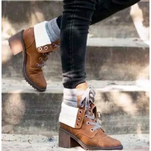 Roxy Wander Boots Women Size 8.5 Brown On Faux Leather & Fur Trim Lace Up